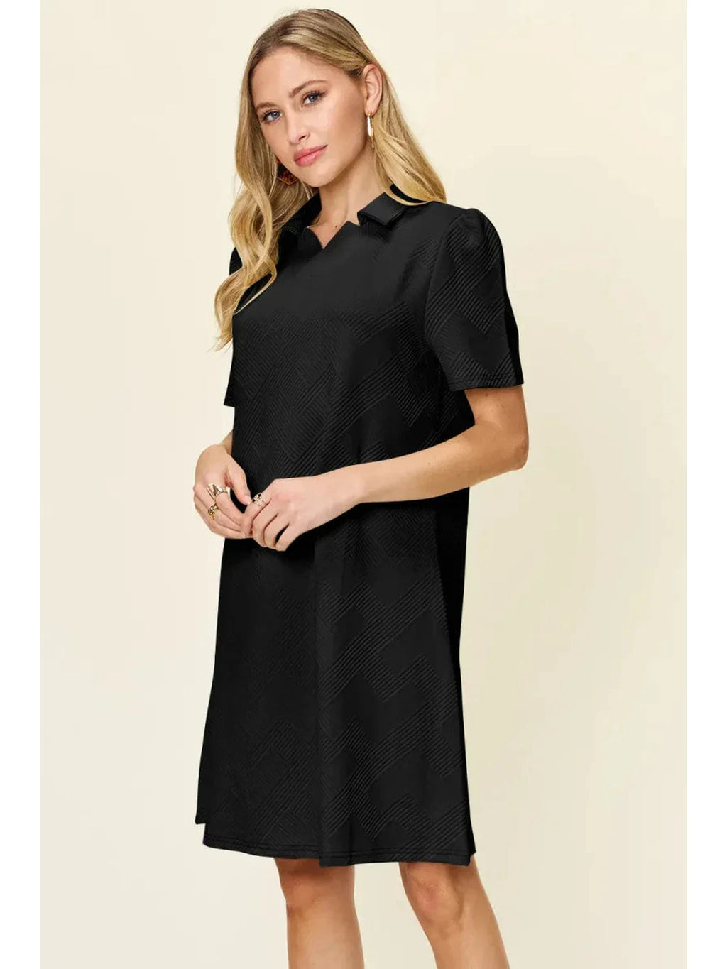 Double Take Full Size Texture Collared Neck Short Sleeve Dress -- 