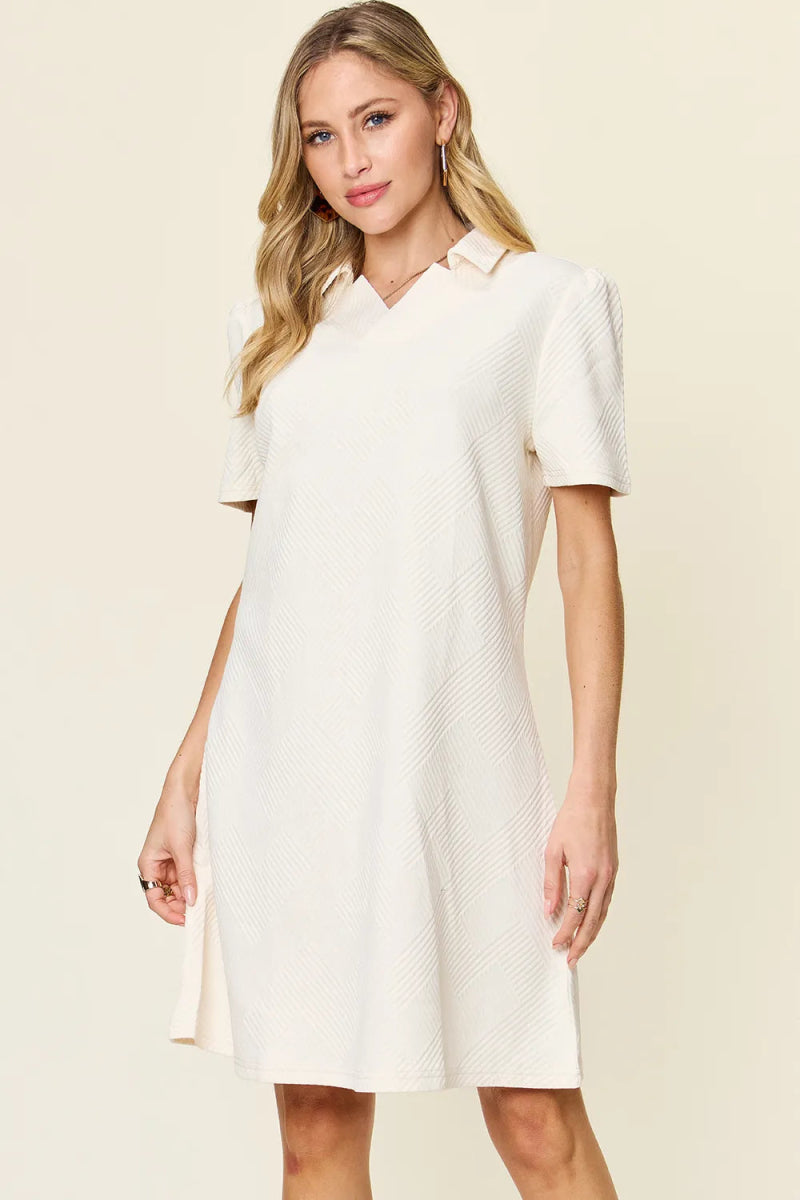 Double Take Full Size Texture Collared Neck Short Sleeve Dress - Hopeford Streams