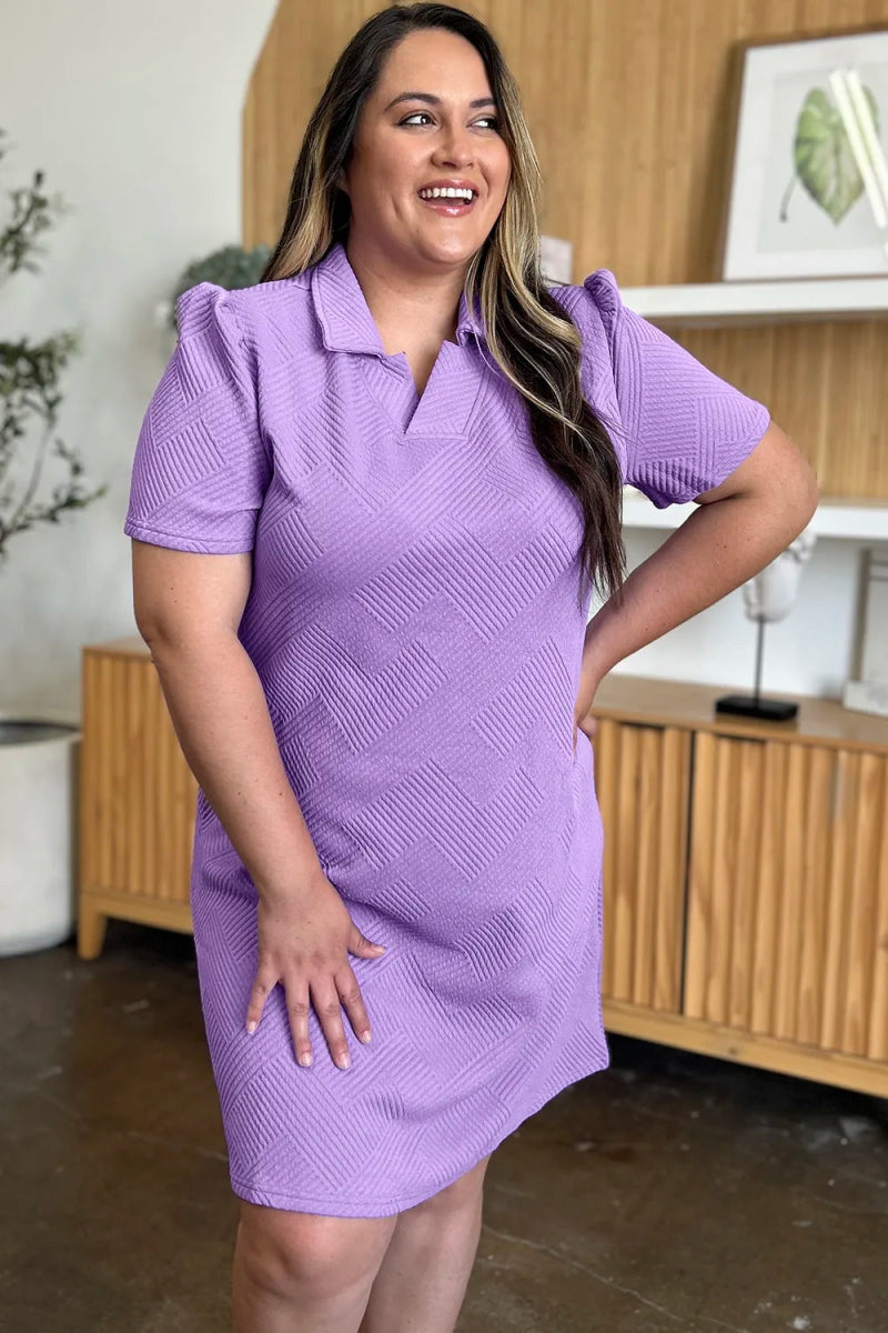 Double Take Full Size Texture Collared Neck Short Sleeve Dress - Hopeford Streams