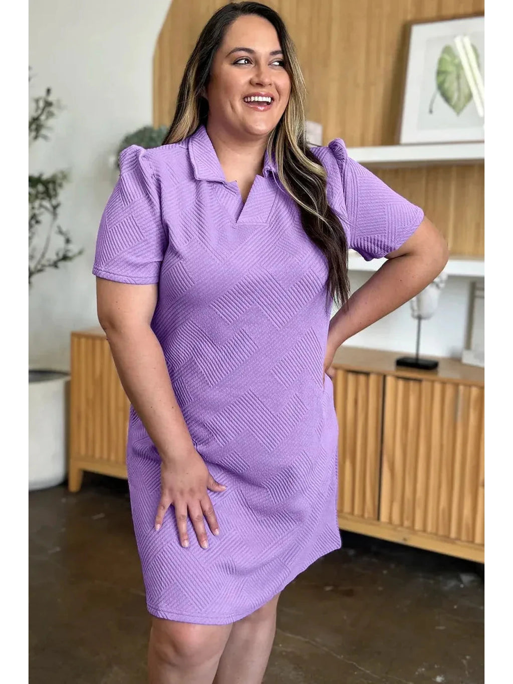 Double Take Full Size Texture Collared Neck Short Sleeve Dress -- 