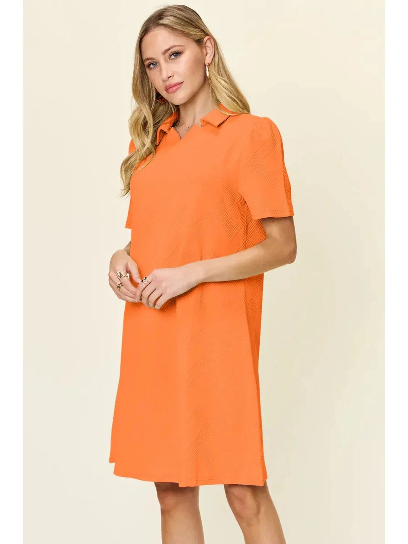 Double Take Full Size Texture Collared Neck Short Sleeve Dress -- 
