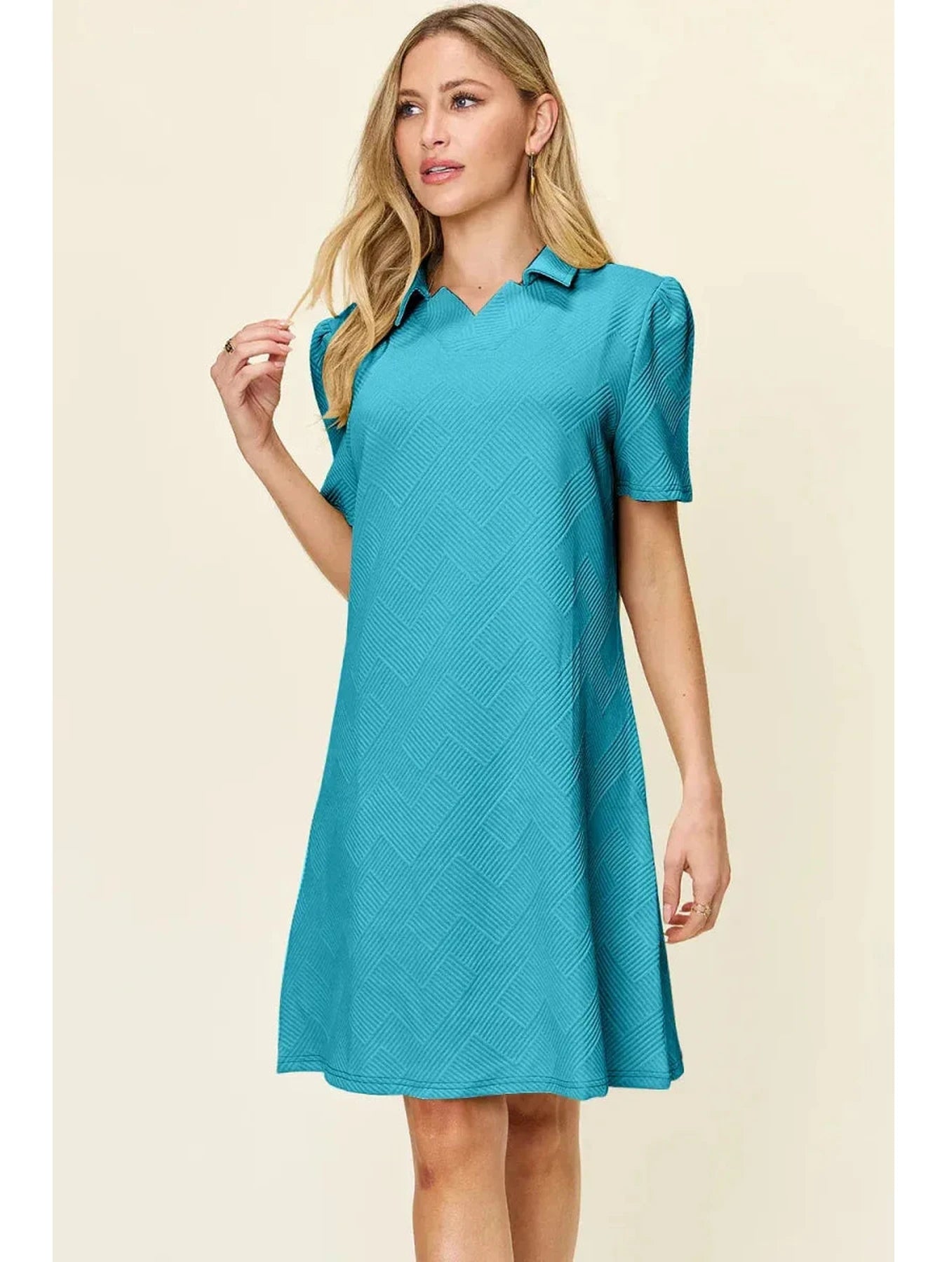Double Take Full Size Texture Collared Neck Short Sleeve Dress -- 