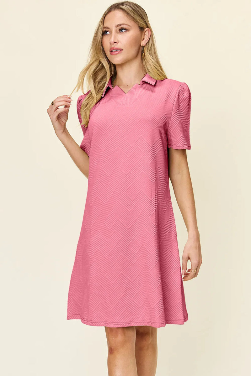 Double Take Full Size Texture Collared Neck Short Sleeve Dress - Hopeford Streams