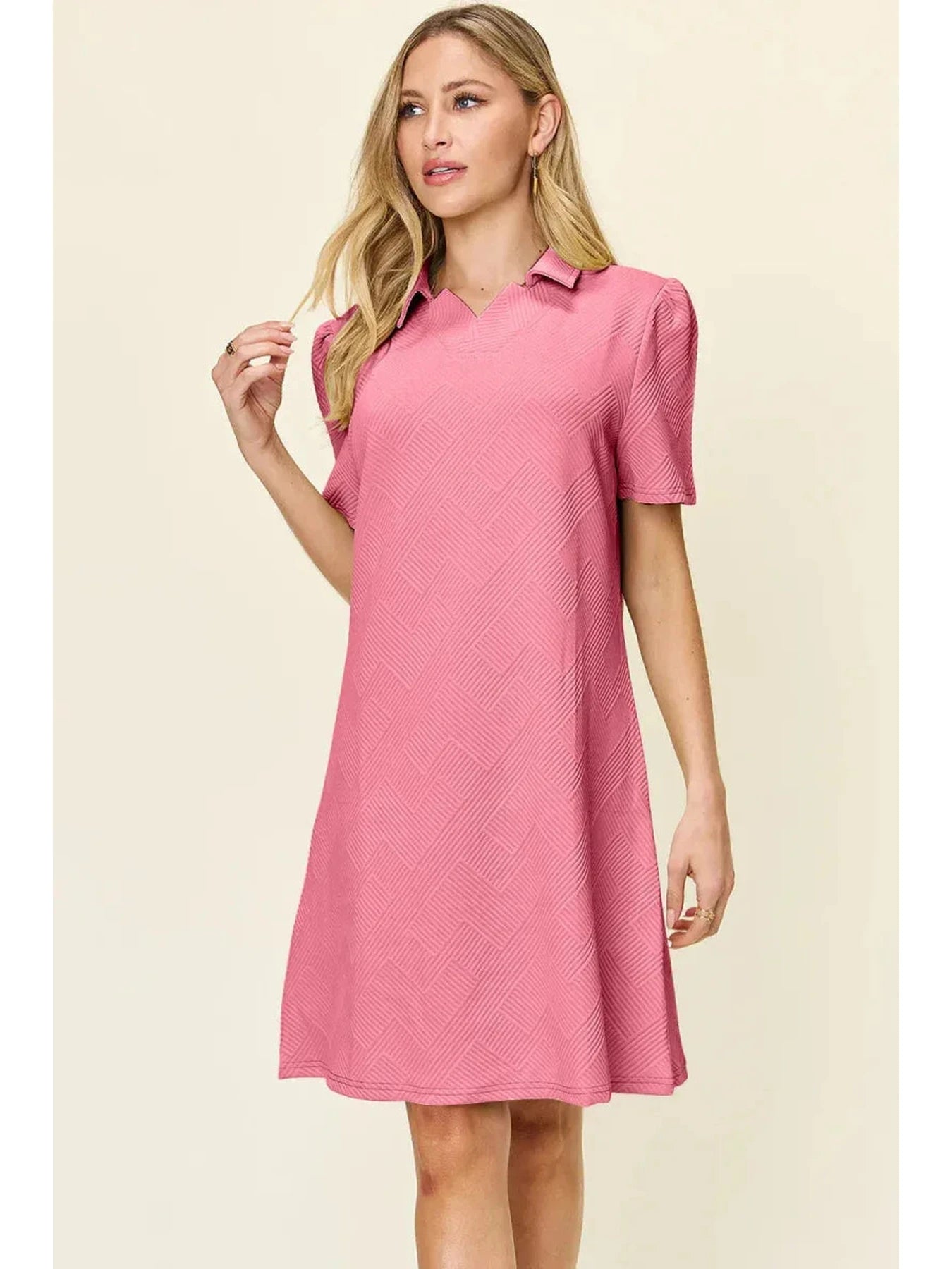 Double Take Full Size Texture Collared Neck Short Sleeve Dress -- 