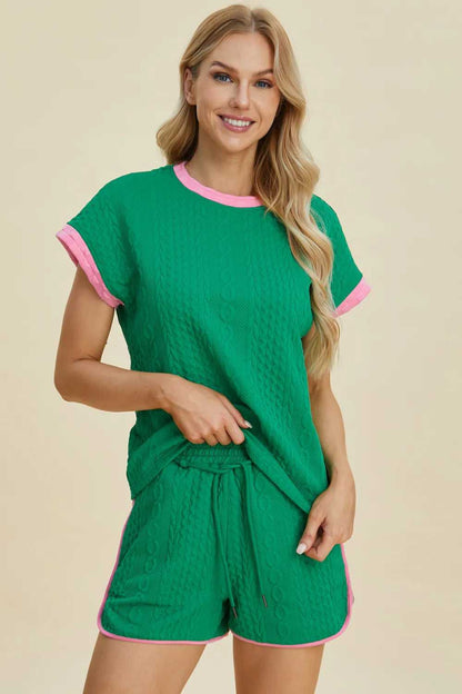 Double Take Full Size Texture Contrast T-Shirt and Shorts Set - Hopeford Streams