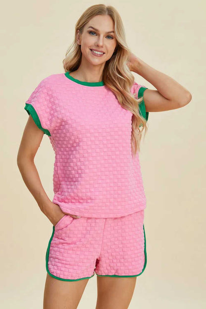 Double Take Full Size Texture Contrast T-Shirt and Shorts Set - Hopeford Streams