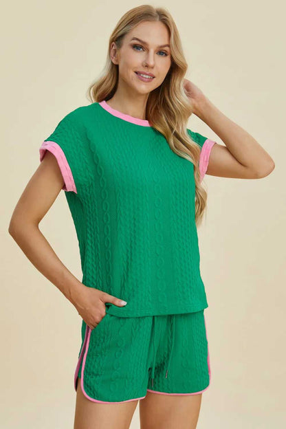 Double Take Full Size Texture Contrast T-Shirt and Shorts Set - Hopeford Streams