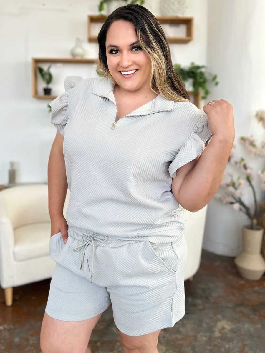 Double Take Full Size Texture Flounce Sleeve Top and Drawstring Shorts Set - Hopeford Streams