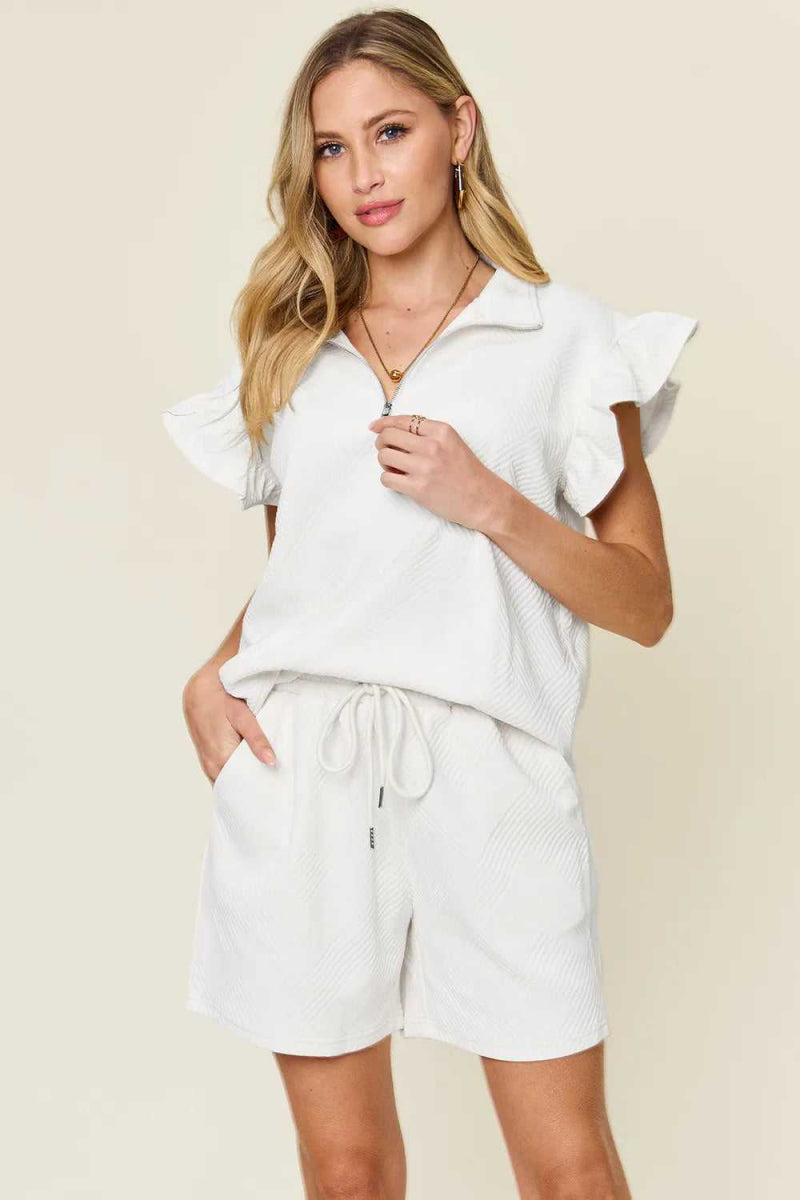 Double Take Full Size Texture Flounce Sleeve Top and Drawstring Shorts Set - Hopeford Streams
