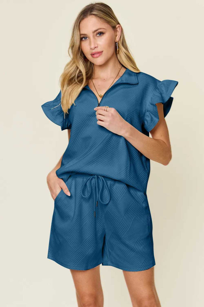 Double Take Full Size Texture Flounce Sleeve Top and Drawstring Shorts Set - Hopeford Streams