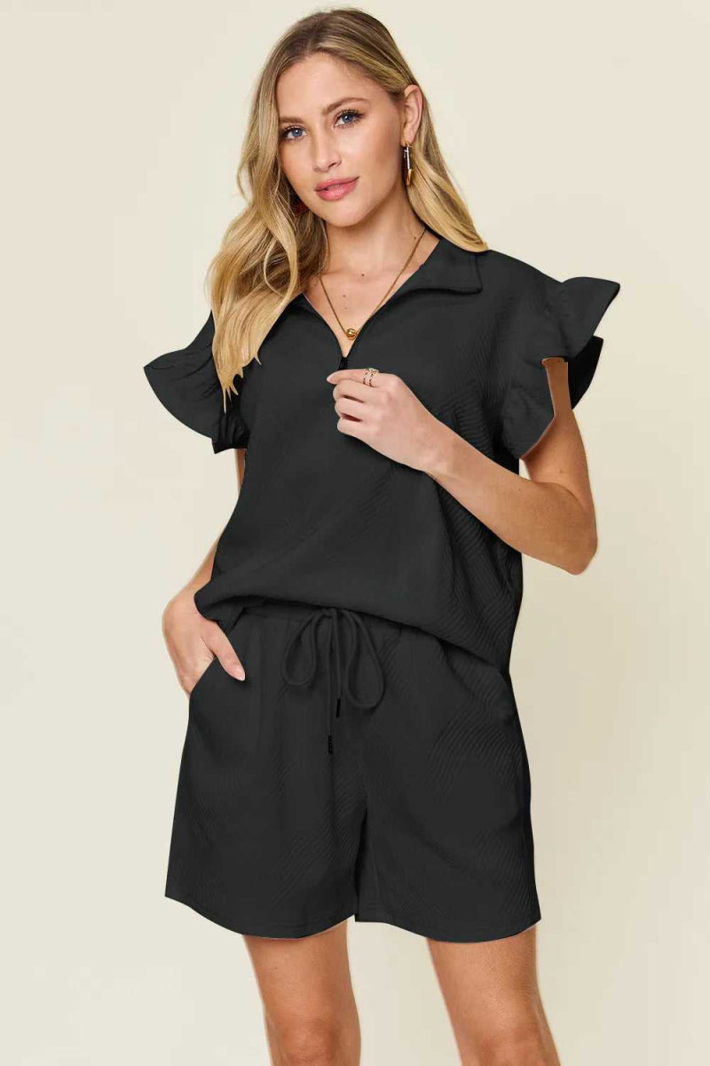 Double Take Full Size Texture Flounce Sleeve Top and Drawstring Shorts Set - Hopeford Streams