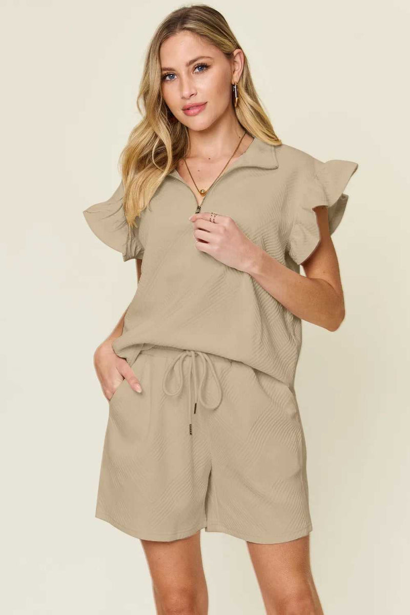 Double Take Full Size Texture Flounce Sleeve Top and Drawstring Shorts Set - Hopeford Streams