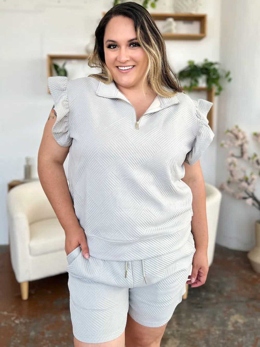 Double Take Full Size Texture Flounce Sleeve Top and Drawstring Shorts Set - Hopeford Streams