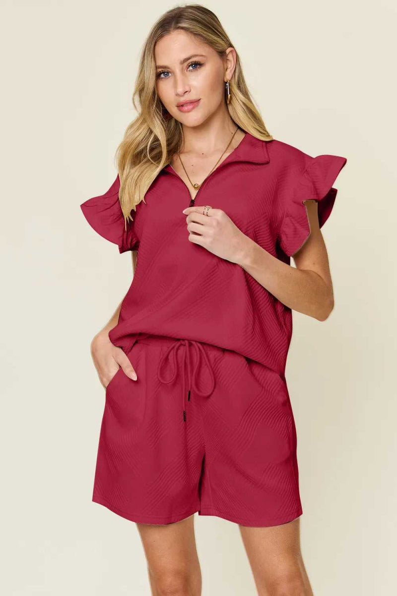 Double Take Full Size Texture Flounce Sleeve Top and Drawstring Shorts Set - Hopeford Streams