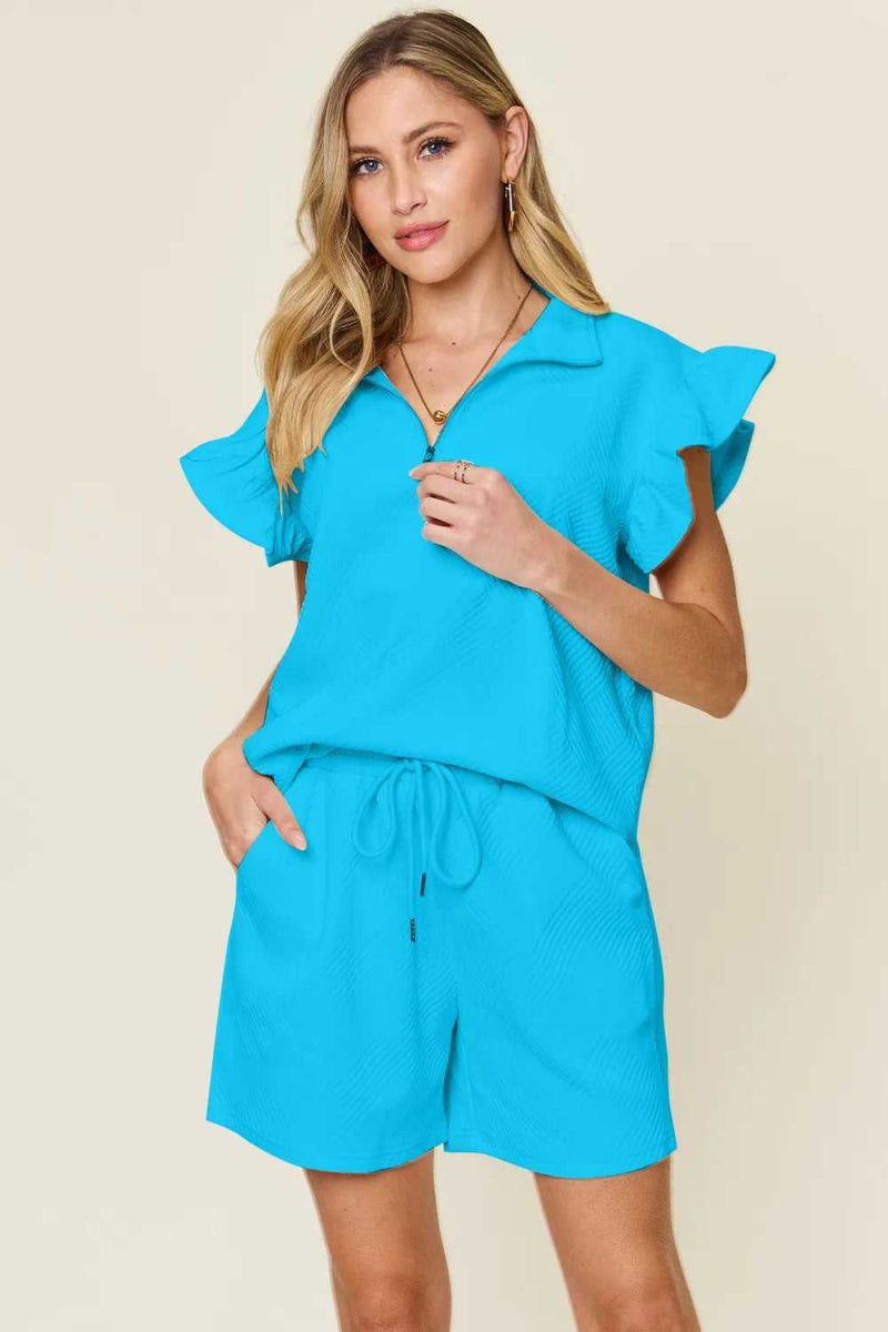 Double Take Full Size Texture Flounce Sleeve Top and Drawstring Shorts Set - Hopeford Streams