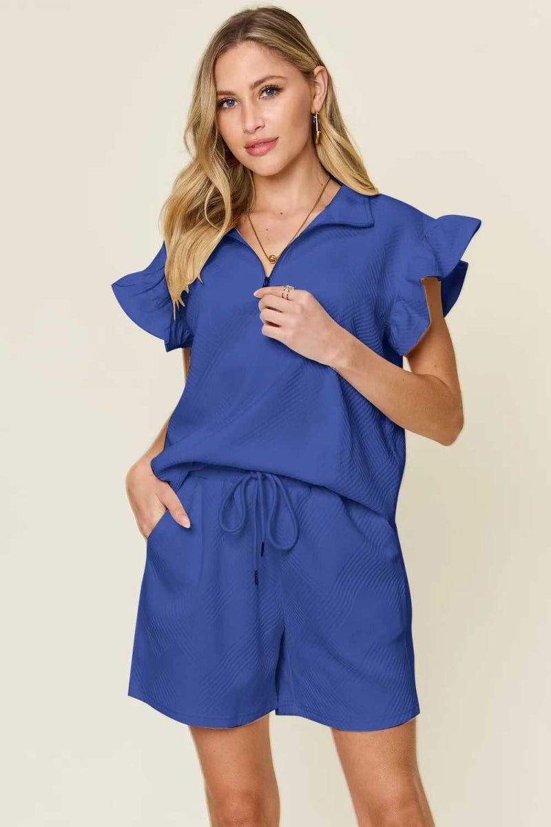 Double Take Full Size Texture Flounce Sleeve Top and Drawstring Shorts Set - Hopeford Streams