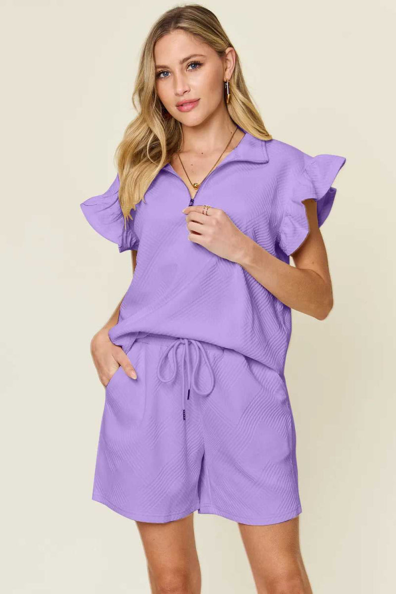 Double Take Full Size Texture Flounce Sleeve Top and Drawstring Shorts Set - Hopeford Streams
