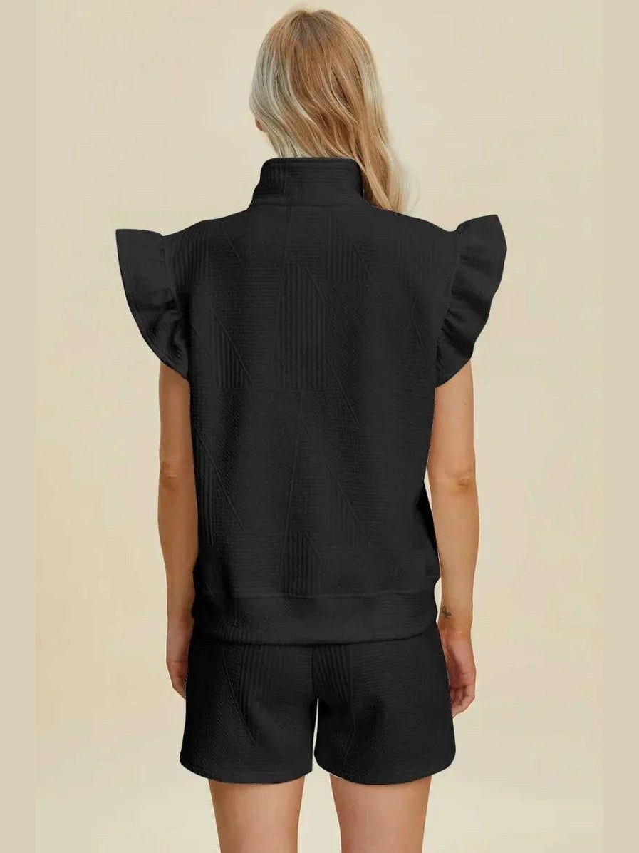 Double Take Full Size Texture Flounce Sleeve Top and Shorts Set -- 