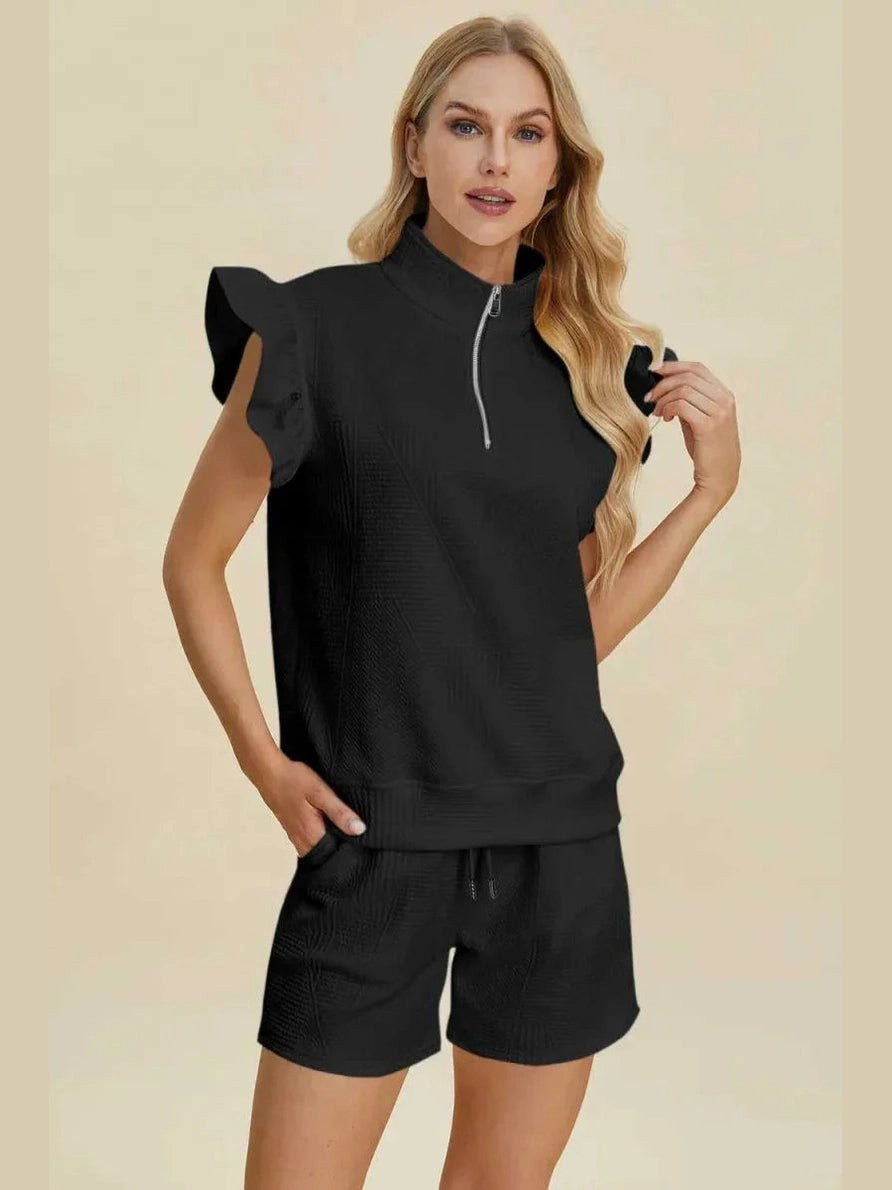 Double Take Full Size Texture Flounce Sleeve Top and Shorts Set -- 