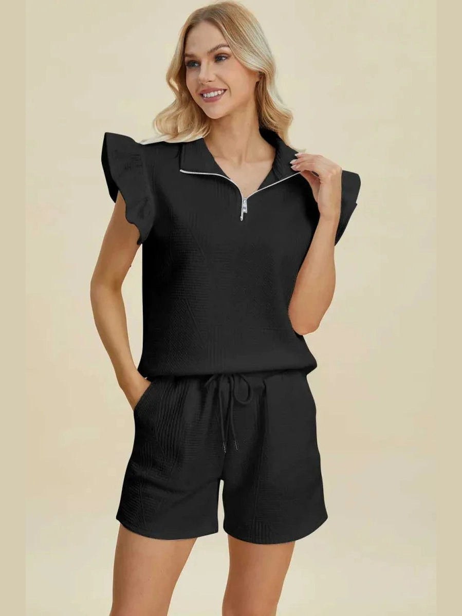 Double Take Full Size Texture Flounce Sleeve Top and Shorts Set -- 