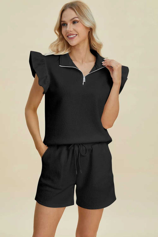 Double Take Full Size Texture Flounce Sleeve Top and Shorts Set - Hopeford Streams