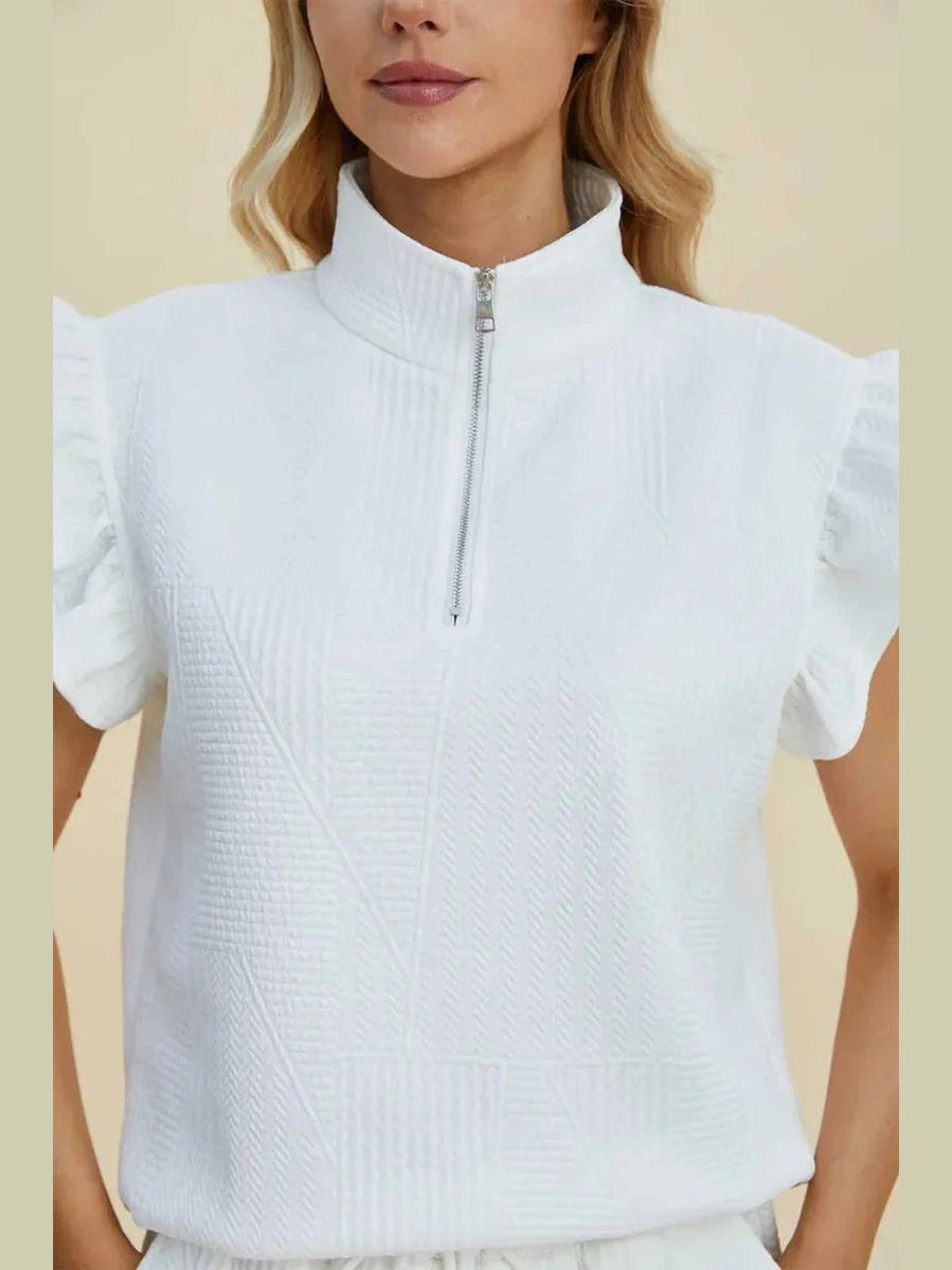 Double Take Full Size Texture Flounce Sleeve Top and Shorts Set -- 