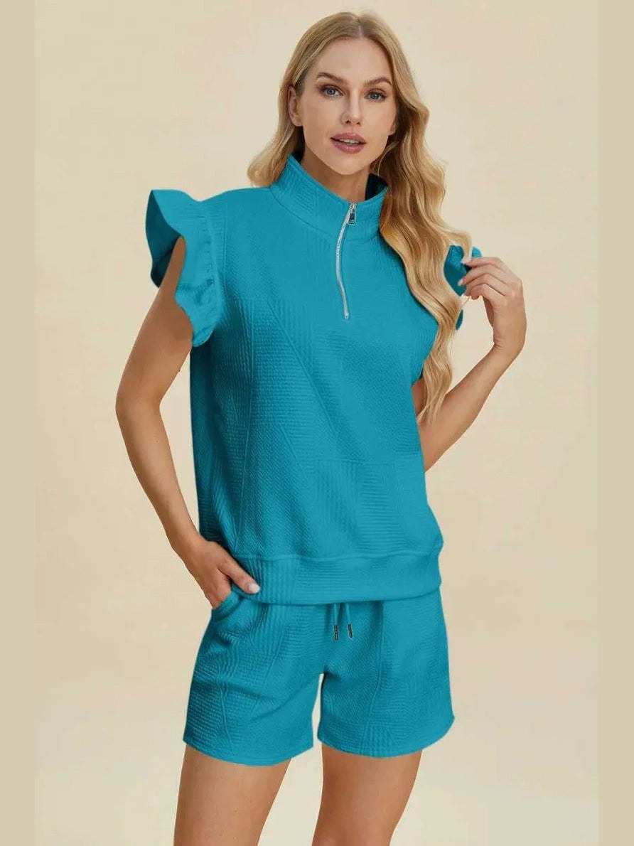 Double Take Full Size Texture Flounce Sleeve Top and Shorts Set -- 