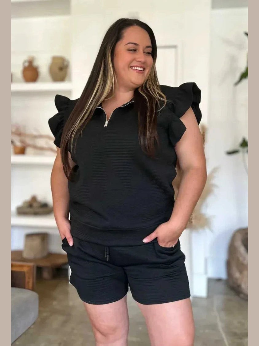 Double Take Full Size Texture Flounce Sleeve Top and Shorts Set -- 