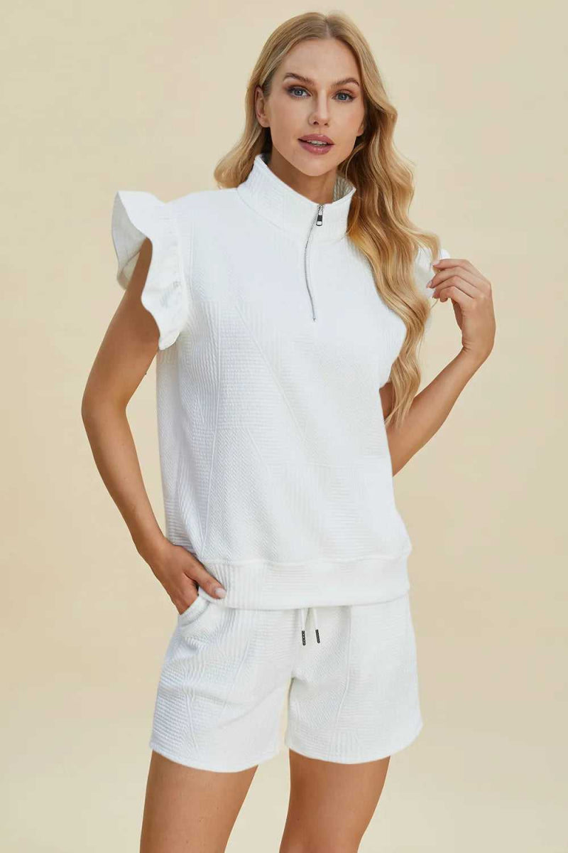 Double Take Full Size Texture Flounce Sleeve Top and Shorts Set - Hopeford Streams