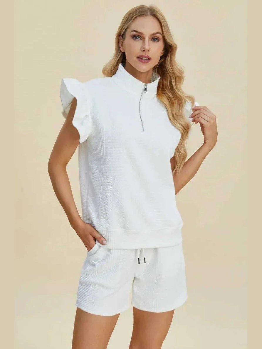 Double Take Full Size Texture Flounce Sleeve Top and Shorts Set -- 