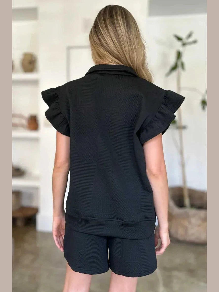 Double Take Full Size Texture Flounce Sleeve Top and Shorts Set -- 