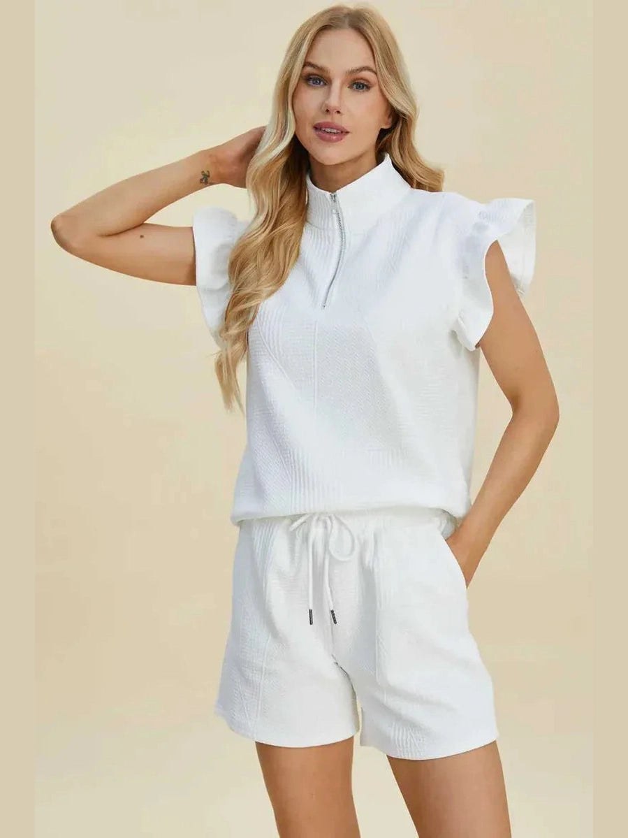 Double Take Full Size Texture Flounce Sleeve Top and Shorts Set -- 