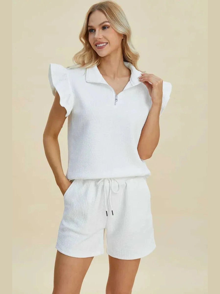 Double Take Full Size Texture Flounce Sleeve Top and Shorts Set -- 