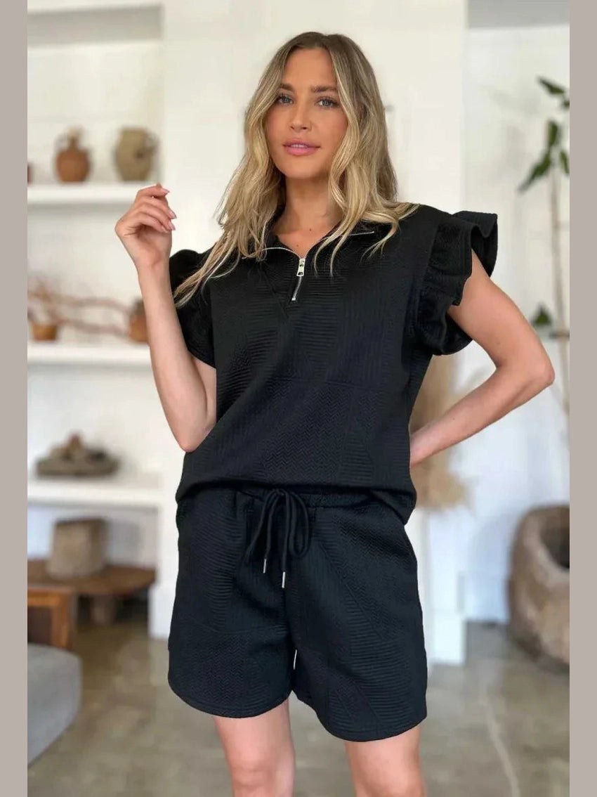 Double Take Full Size Texture Flounce Sleeve Top and Shorts Set -- 