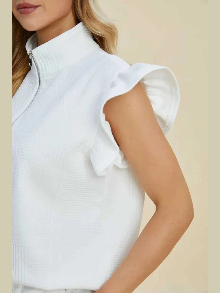 Double Take Full Size Texture Flounce Sleeve Top and Shorts Set -- 