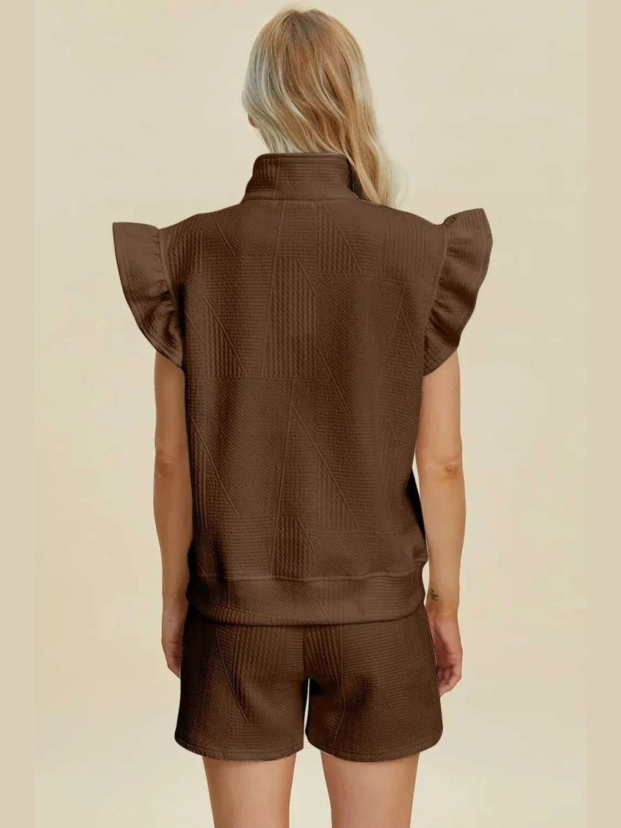 Double Take Full Size Texture Flounce Sleeve Top and Shorts Set -- 