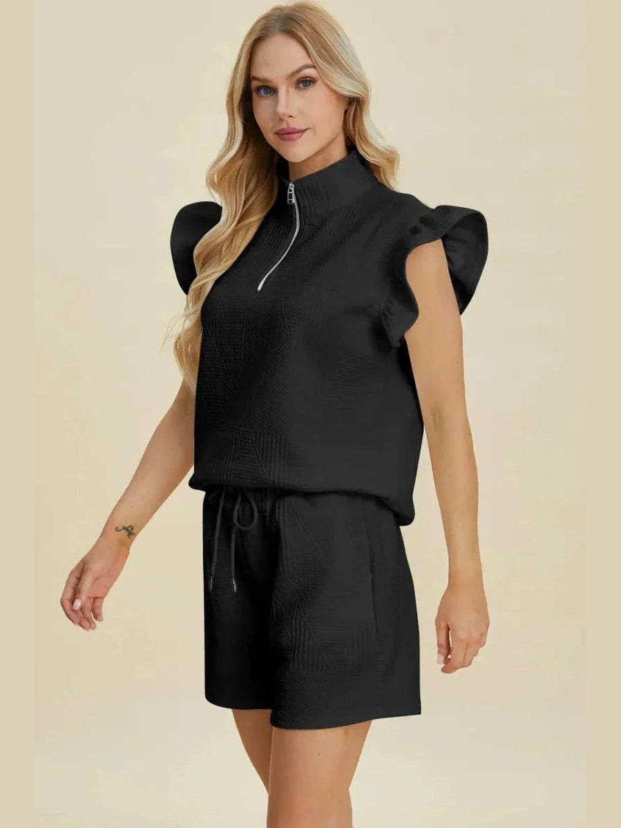 Double Take Full Size Texture Flounce Sleeve Top and Shorts Set -- 