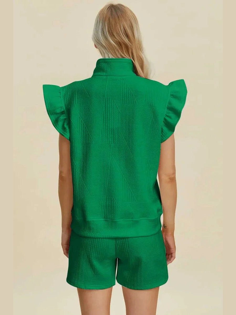 Double Take Full Size Texture Flounce Sleeve Top and Shorts Set -- 