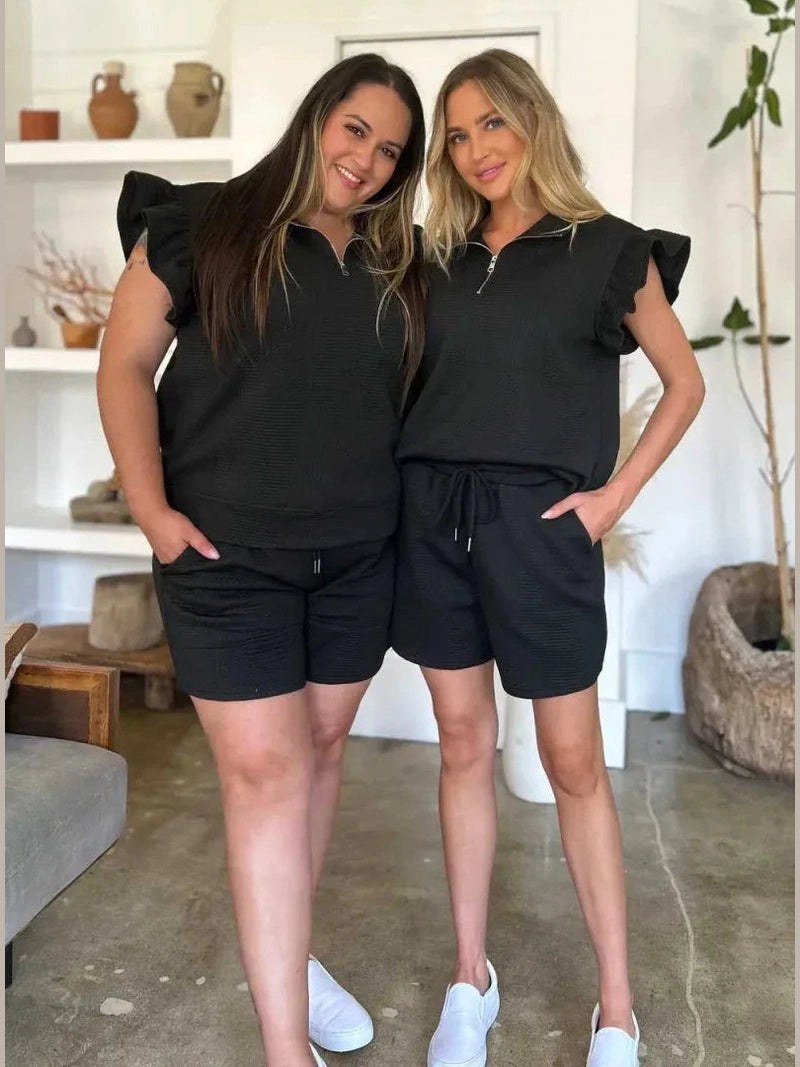 Double Take Full Size Texture Flounce Sleeve Top and Shorts Set -- 