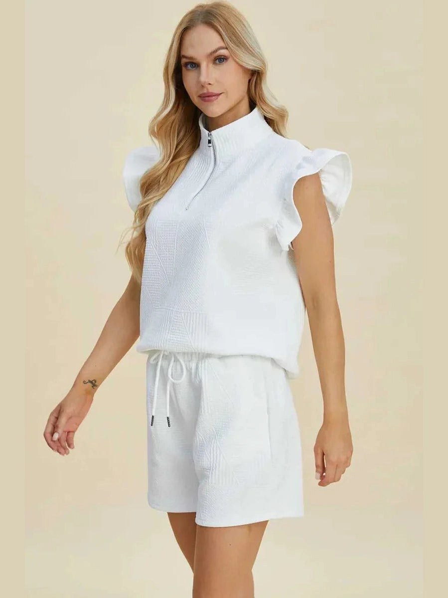 Double Take Full Size Texture Flounce Sleeve Top and Shorts Set -- 