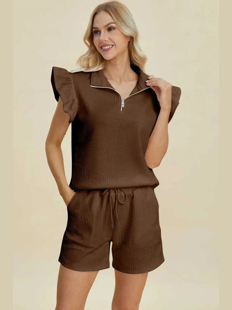 Double Take Full Size Texture Flounce Sleeve Top and Shorts Set -- 