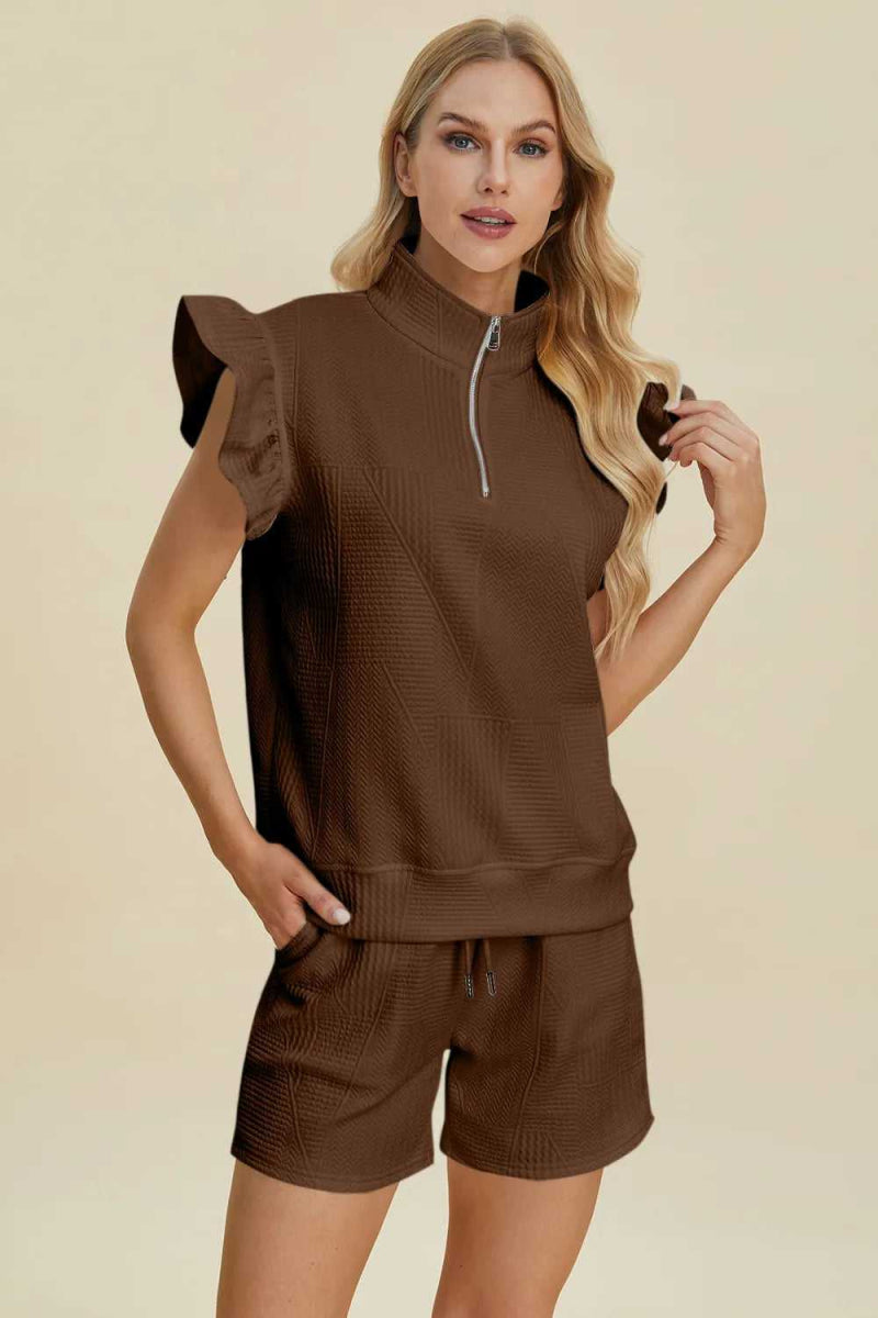 Double Take Full Size Texture Flounce Sleeve Top and Shorts Set - Hopeford Streams