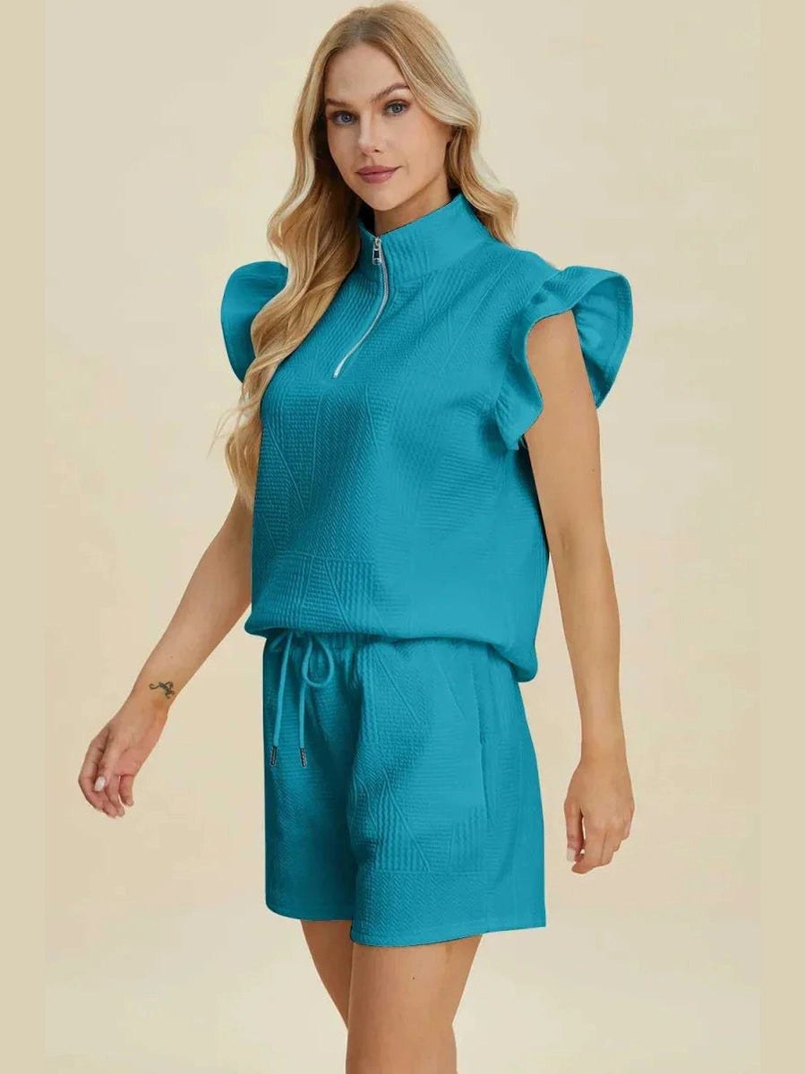 Double Take Full Size Texture Flounce Sleeve Top and Shorts Set -- 