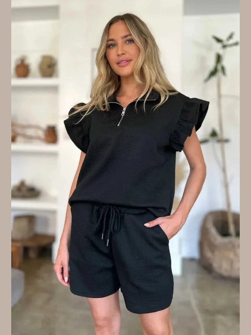 Double Take Full Size Texture Flounce Sleeve Top and Shorts Set -- 