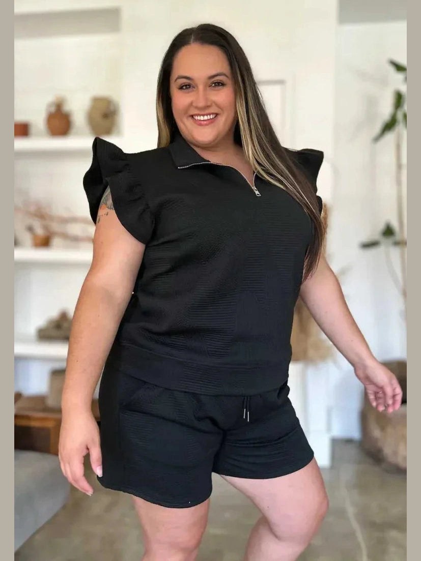 Double Take Full Size Texture Flounce Sleeve Top and Shorts Set -- 