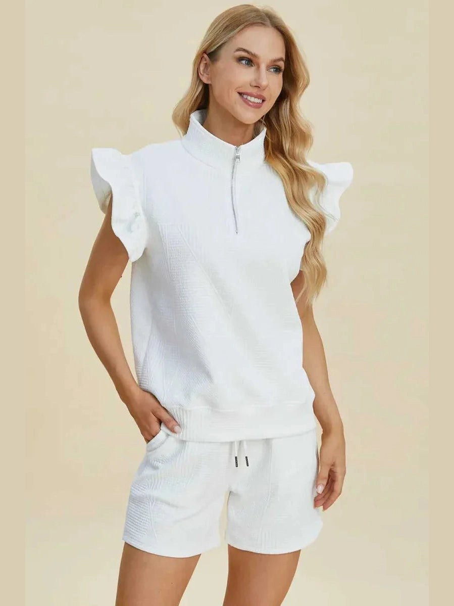 Double Take Full Size Texture Flounce Sleeve Top and Shorts Set -- 