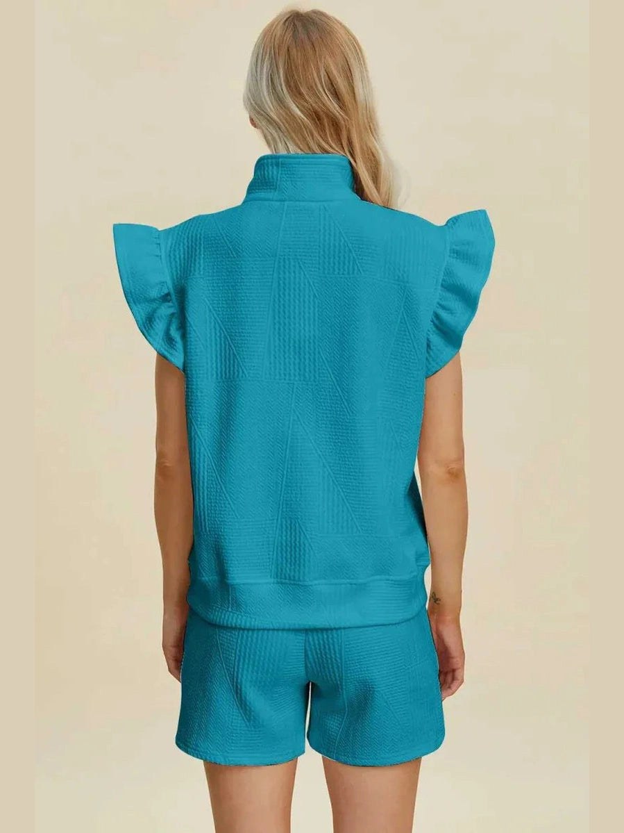 Double Take Full Size Texture Flounce Sleeve Top and Shorts Set -- 
