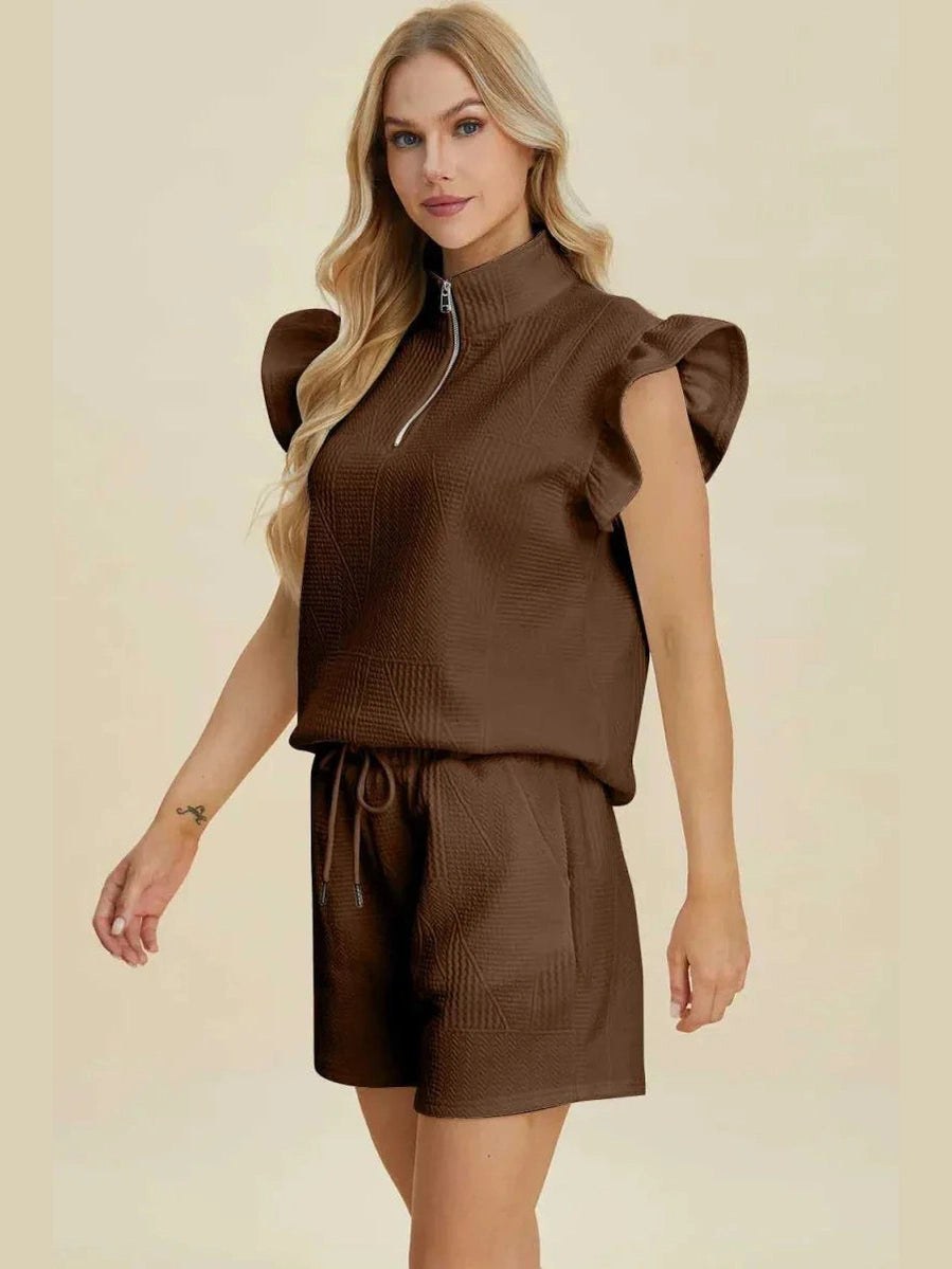 Double Take Full Size Texture Flounce Sleeve Top and Shorts Set -- 