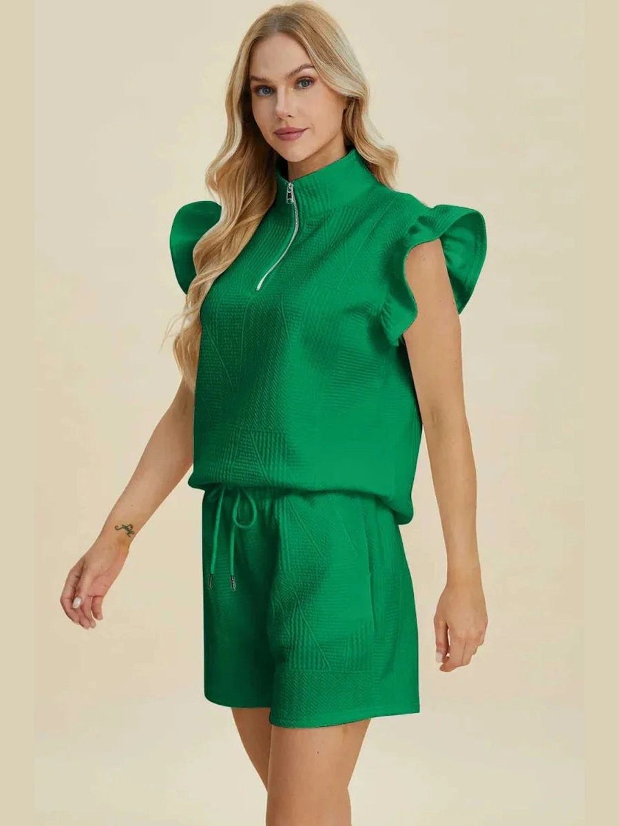 Double Take Full Size Texture Flounce Sleeve Top and Shorts Set -- 