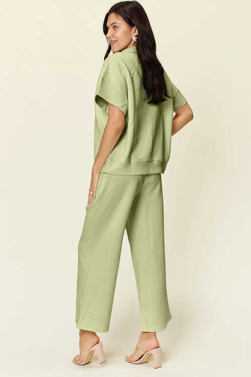 Double Take Full Size Texture Half Zip Short Sleeve Top and Pants Set - Hopeford Streams